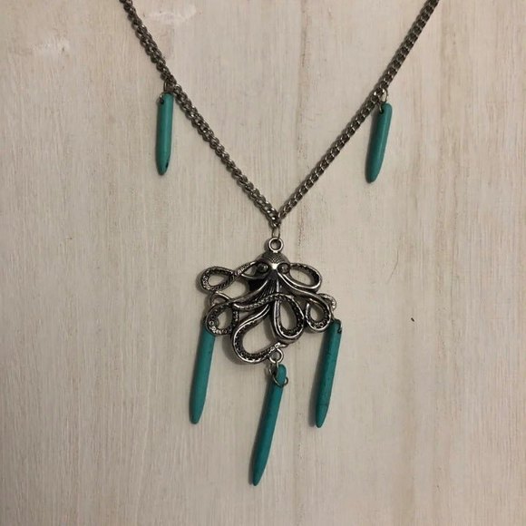 Kraken Octopus Silver & Turquoise Pendant Necklace - Picture 2 of 4